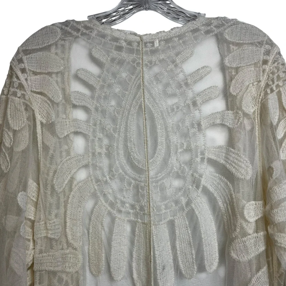 Cream Floral Lace Mesh Duster Cardigan Sheer Boho Longline Coverup One Size - Picture 4 of 6